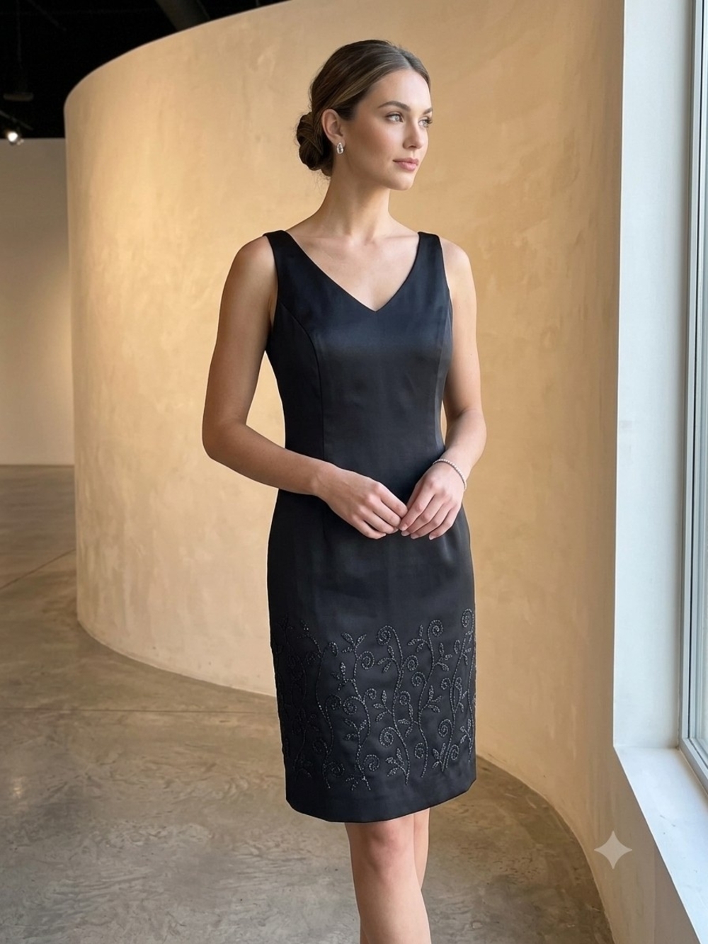 Cleo Petites Black Beaded Floral Hem Cocktail Dress Size 8